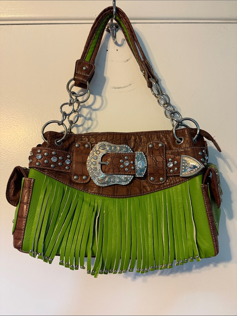 Western style Green and Brown Fringe Shoulder Bag with Decorative Buckle